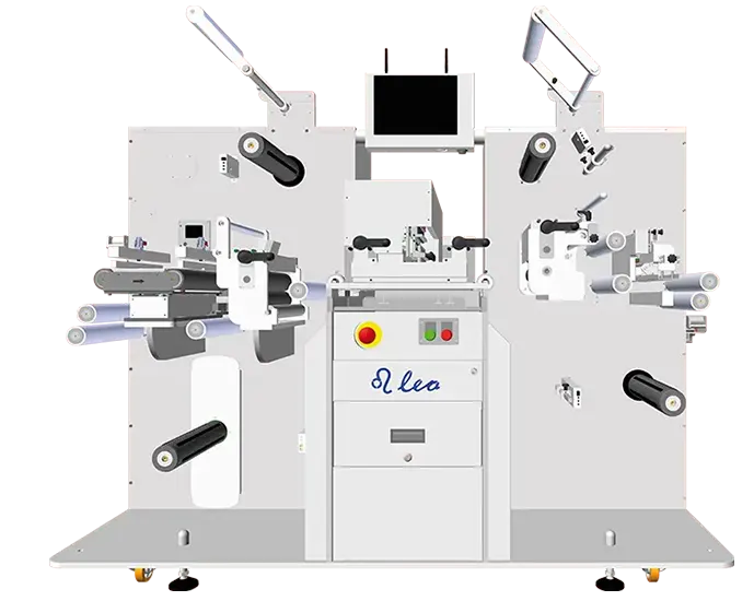 LEO multi-head plotter knife label cutting system by D.P.R. srl – 4-head drag knife, no dies, lamination, cutting, matrix removal, slitting and rewinding in a single pass
