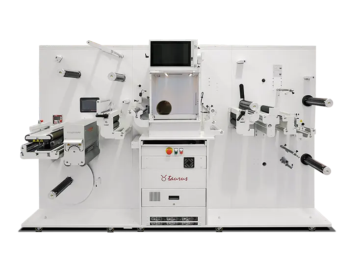 TAURUS laser label finishing system by D.P.R. srl – no dies, CO2 laser kiss cut full cut perforation at up to 100m/min, lamination slitting rewinding in a single pass
