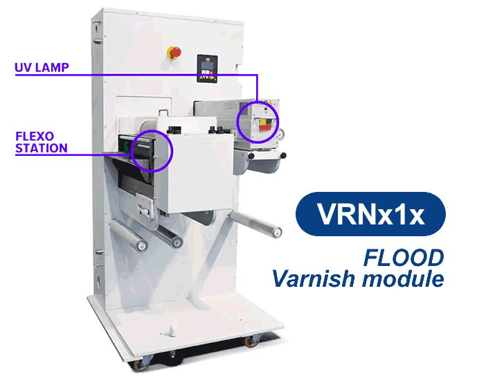 UV varnish retrofit module for TAURUS and ARIES label finishing systems by D.P.R. srl – flood varnish, spot varnish with cold foil, flexographic unit with Mercury UV lamp and anilox cylinder