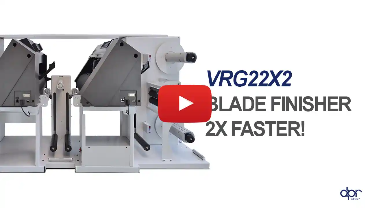 VRG22X2 label finishing system with double plotter in action – official video by D.P.R. srl, two simultaneous knife plotters, up to 8m/min